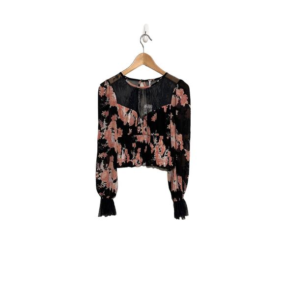 Free People Daphne Lace Black White Pink Long Sleeve Sheer Detail Blouse Size XS - Picture 2 of 5